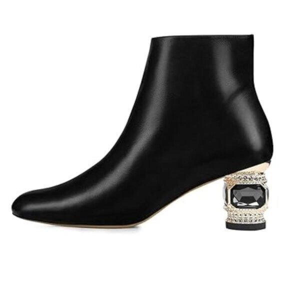 FSJ Women Round Toe Crystal Chunky Block Low Heel Ankle Boots Fashion Side Zip